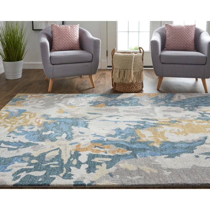 Feizy Everley Casual Abstract, Gray/Blue/Gold, 12' x 15' Area Rug