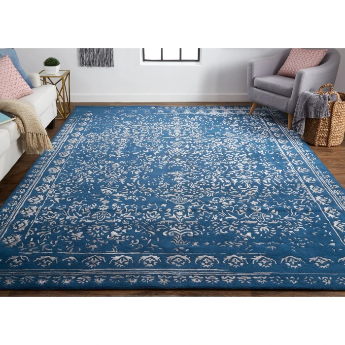 Feizy Bella High/Low Floral Wool Rug, Vallarta Blue/Silver Gray, 2ft-6in x 8ft, Runner