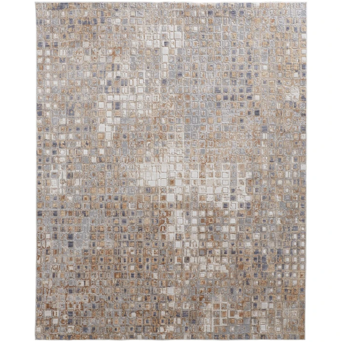 Feizy Laina Mid-Century Modern Geometric, Tan/Ivory/Blue, 7'-10" x 9'-6" Area Rug