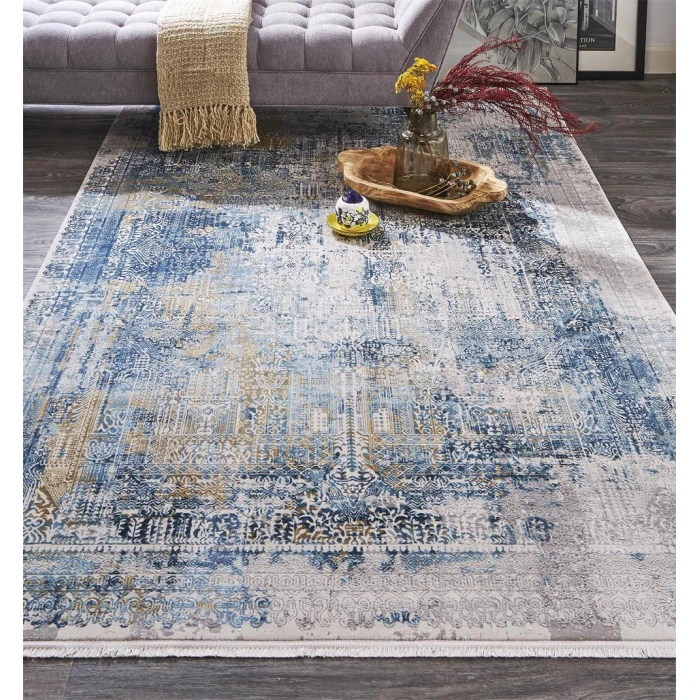 Feizy Cadiz Industrial Abstract, Blue/Gray/Gold, 12' x 18' Area Rug