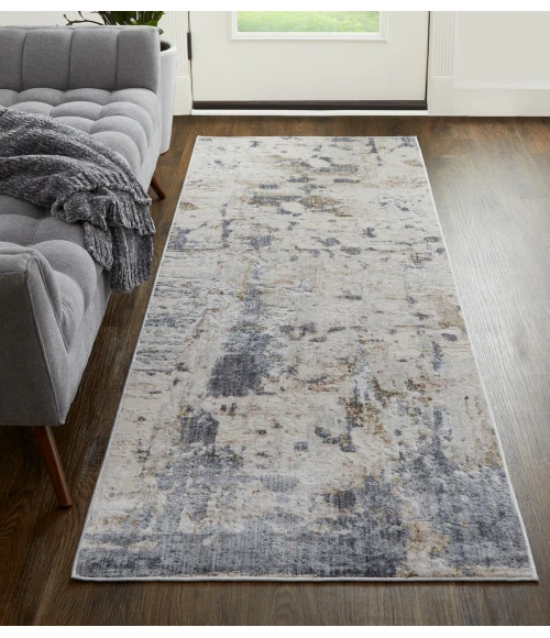 Feizy Laina Industrial Abstract, Ivory/Gray/Blue, 3' x 12' Runner