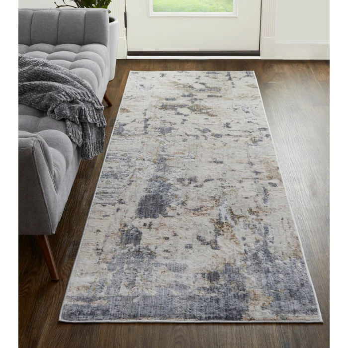 Feizy Laina Industrial Abstract, Ivory/Gray/Blue, 3' x 12' Runner