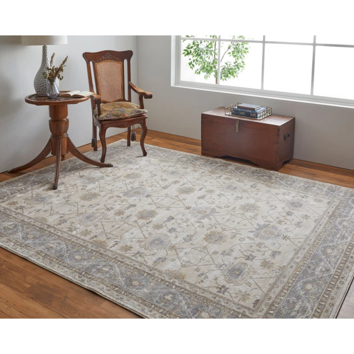 Feizy Celene Luxury & Glam Bordered, Tan/Ivory/Gray, 7'-9" x 7'-9" Round Rug