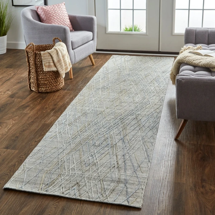 Feizy Elias Abstract Diamond Runner, High/Low, Silver Gray/Blue, 2ft - 9in x 8ft