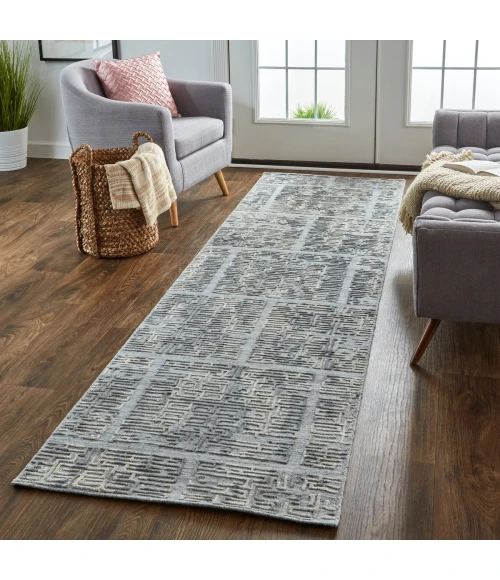 Feizy Elias Luxe Geometric Maze Runner, High/Low, Gray/Ivory/Blue, 2ft - 9in x 10ft