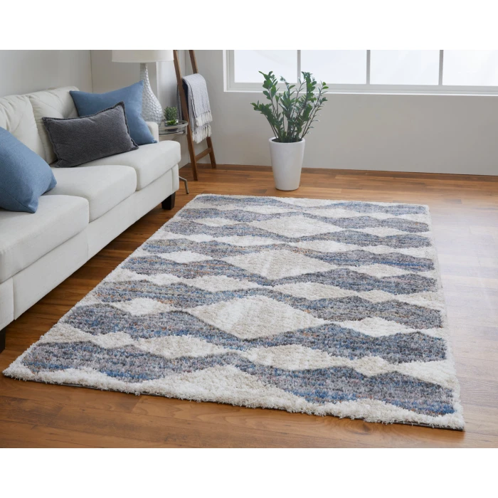 Feizy Mynka Bohemian & Eclectic Diamond, Tan/Ivory/Blue, 4' x 6' Accent Rug