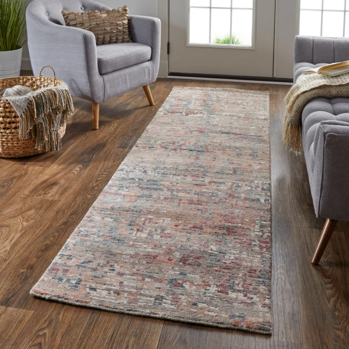 Feizy Conroe Luxe Abstract Hand Knot Rug, Copper/Blue/Henna, 2ft-6in x 8ft Runner