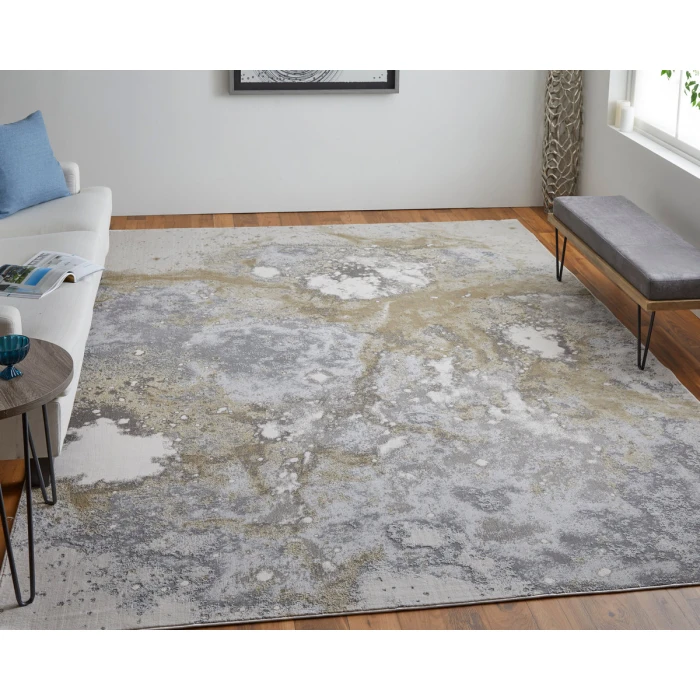 Feizy Astra Industrial Abstract, Gray/Gold/Ivory, 6'-7" x 9'-6" Area Rug
