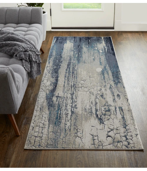 Feizy Indio Industrial Abstract, Ivory/Blue/Black, 2'-10" x 7'-10" Runner