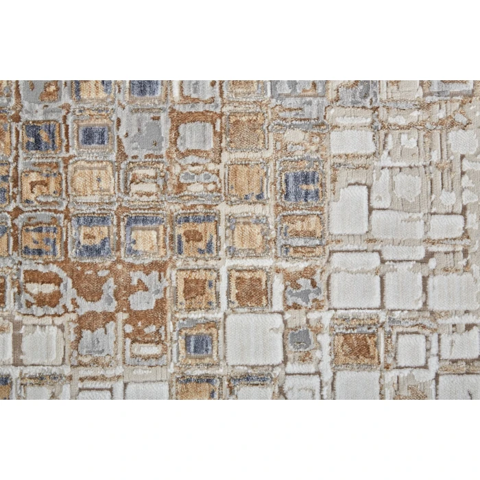 Feizy Laina Mid-Century Modern Geometric, Tan/Ivory/Blue, 3' x 10' Runner