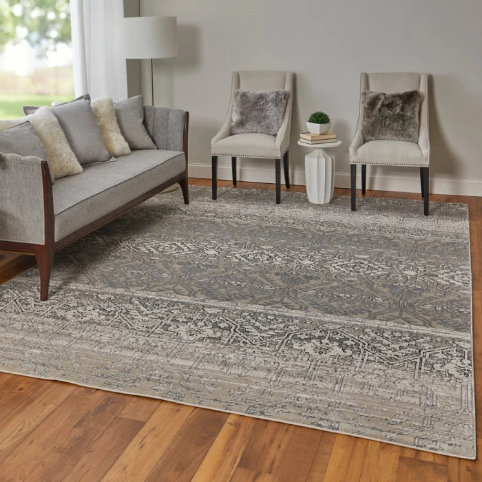Feizy Macklaine Bohemian & Eclectic Distressed, Ivory/Silver/Black, 12' x 15' Area Rug