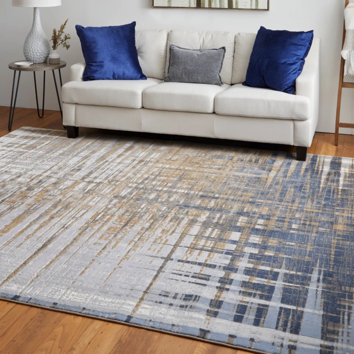 Feizy Clio Industrial Abstract, Blue/Orange/Gray, 2'-9" x 7'-10" RUNNER Runner