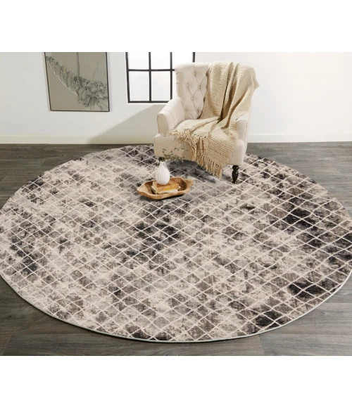 Feizy Kano Casual Diamond, Ivory/Gray/Taupe, 8'-9" x 8'-9" Round Rug