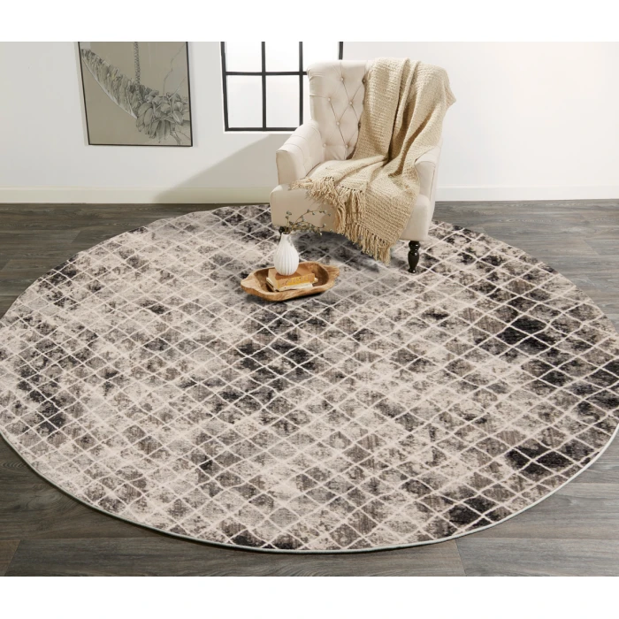 Feizy Kano Casual Diamond, Ivory/Gray/Taupe, 8'-9" x 8'-9" Round Rug