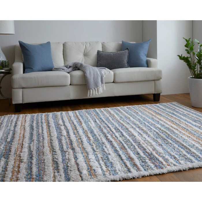 Feizy Mynka Casual Stripes, Ivory/Blue/Orange, 7'-11" x 10' Area Rug
