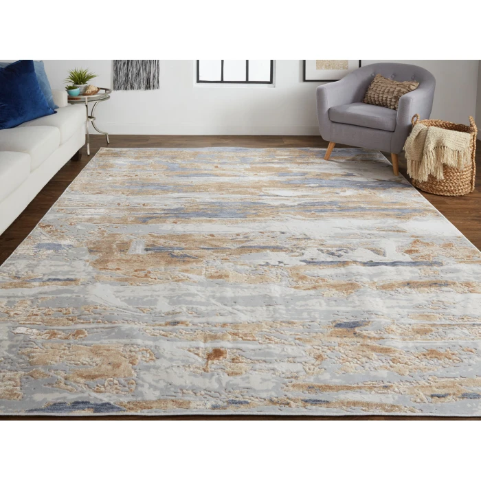 Feizy Laina Industrial Abstract, Tan/Orange/Ivory, 7'-10" x 9'-6" Area Rug