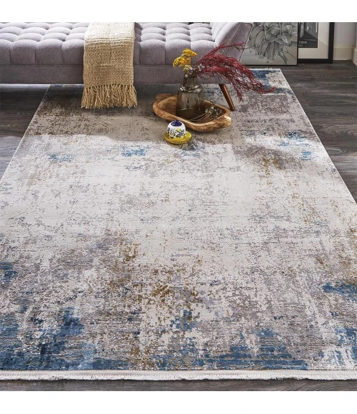 Feizy Cadiz Industrial Abstract, Ivory/Blue/Gold, 9'-9" x 13'-2" Area Rug