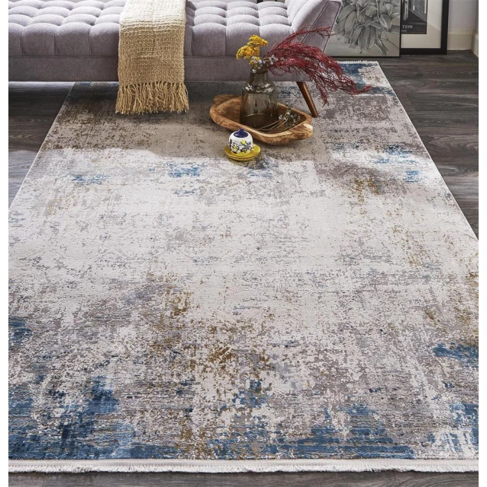Feizy Cadiz Industrial Abstract, Ivory/Blue/Gold, 9'-9" x 13'-2" Area Rug