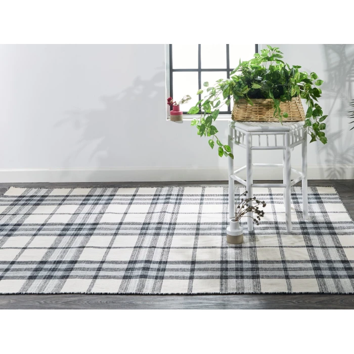 Feizy Crosby Eco-Friendly PET Dhurrie, Ivory/Sky Blue/Black, 8ft x 10ft Area Rug