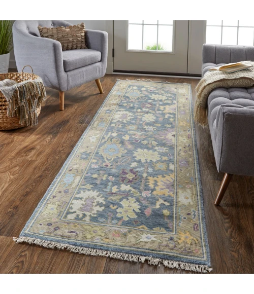 Feizy Karina Luxe Hand Knot Botanical Rug, Blue/Wheat Beige, 2ft-6in x 8ft-Runner