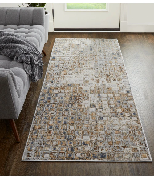Feizy Laina Mid-Century Modern Geometric, Tan/Ivory/Blue, 3' x 10' Runner