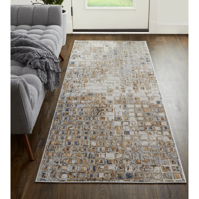 Feizy Laina Mid-Century Modern Geometric, Tan/Ivory/Blue, 3' x 10' Runner