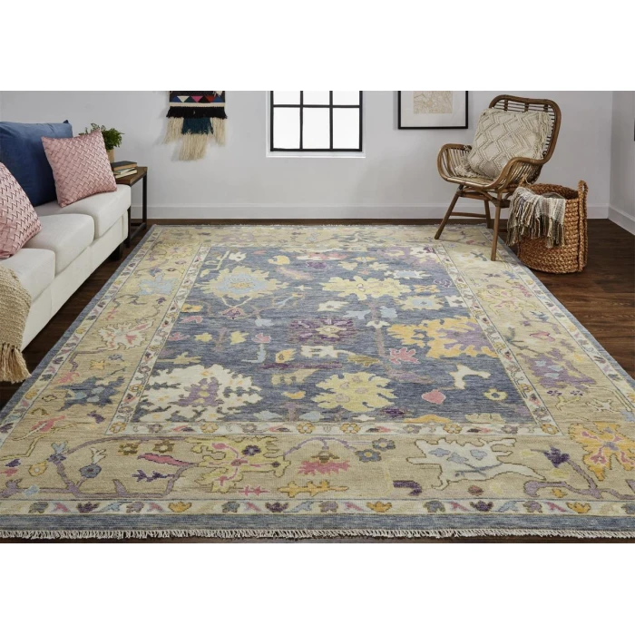 Feizy Karina Hand-Knotted Botanical Accent Rug, Blue/Wheat Beige, 3ft-6in x 5ft-6in