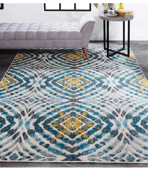 Feizy Keats Casual Abstract, Blue/Ivory/Yellow, 8'-9" x 8'-9" Round Rug