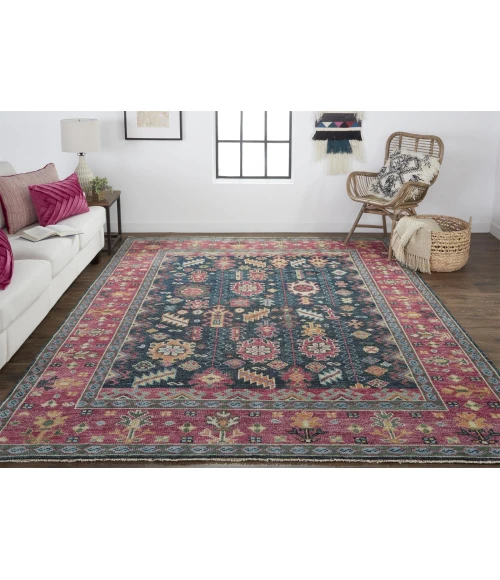 Feizy Piraj Nordic Hand-Knot Wool Rug, Carmine Pink/Indigo, 1ft-6in x 1ft-6in Square