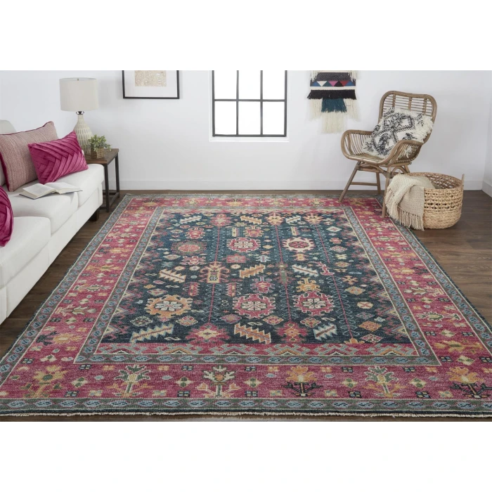 Feizy Piraj Nordic Hand-Knot Wool Rug, Carmine Pink/Indigo, 1ft-6in x 1ft-6in Square