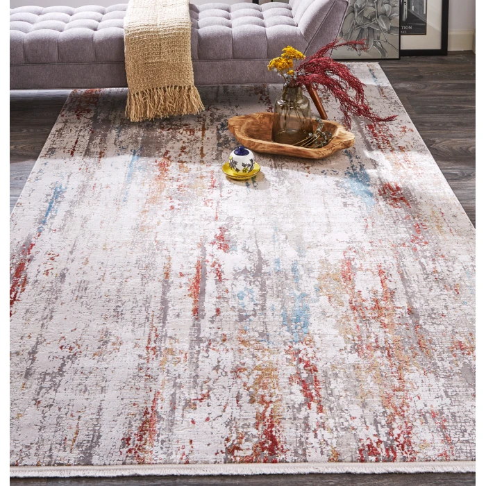 Feizy Cadiz Industrial Abstract, Gray/Red/Blue, 13' x 20' Area Rug