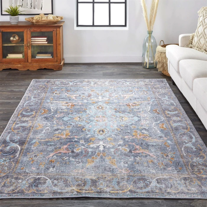 Feizy Percy Vintage Medallion, Blue/Gray/Rose/Rust, 7ft-10in x 9ft-10in Area Rug