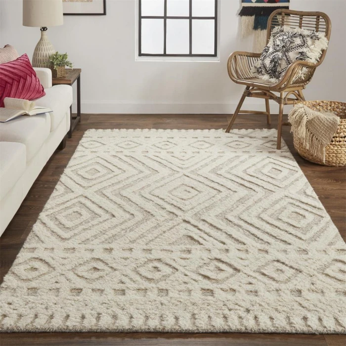 Feizy Anica Moroccan Wool Rug w/Diamonds, Ivory/Natural Tan, 4ft x 6ft Accent Rug