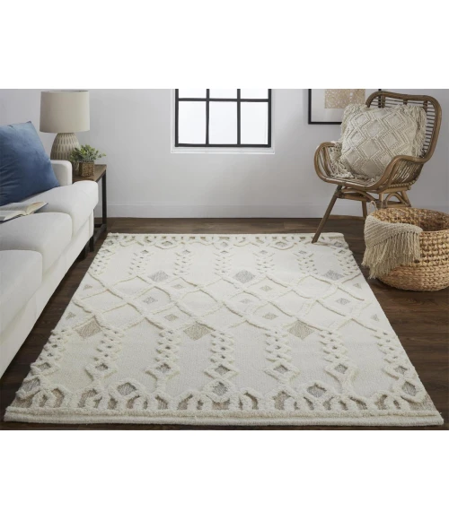 Feizy Anica Moroccan Wool Rug w/Ornamental Diamonds, Ivory/Tan, 2ft x 3ft Accent Rug