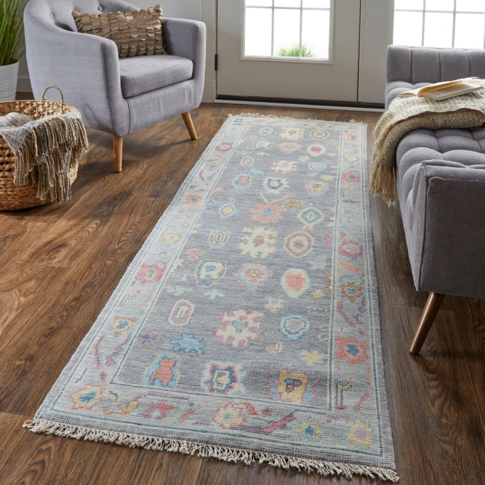 Feizy Karina Luxe Hand Knot Botanical Area Rug, Cool Gray/Blue, 2ft-6in x 8ft-Runner