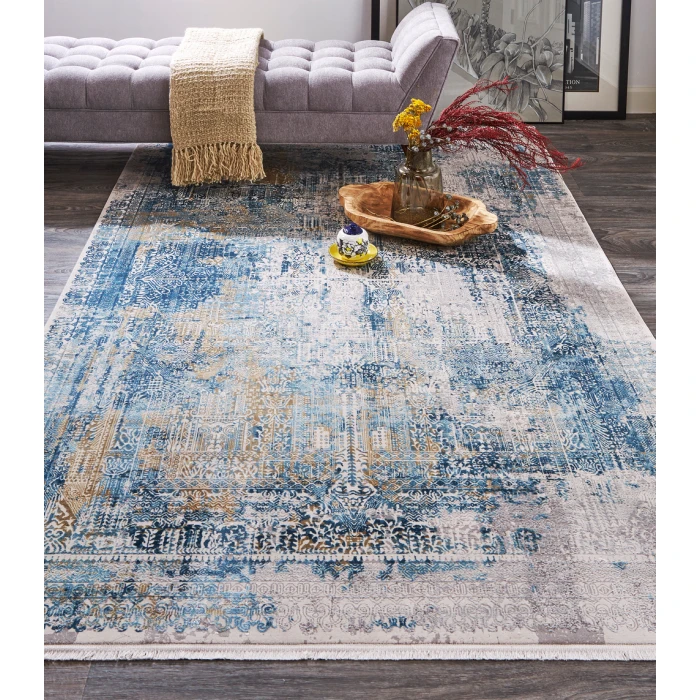 Feizy Cadiz Industrial Abstract, Blue/Gray/Gold, 12' x 18' Area Rug