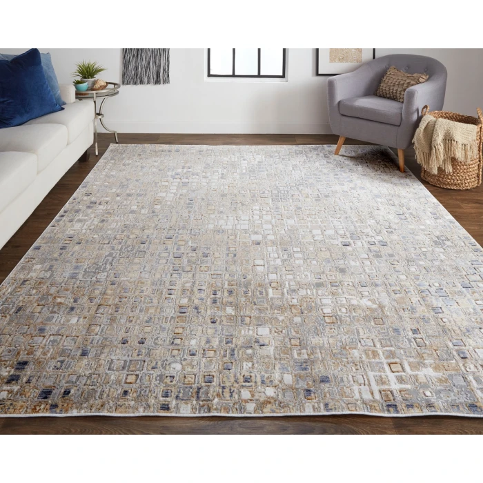 Feizy Laina Mid-Century Modern Geometric, Tan/Ivory/Blue, 7'-10" x 9'-6" Area Rug