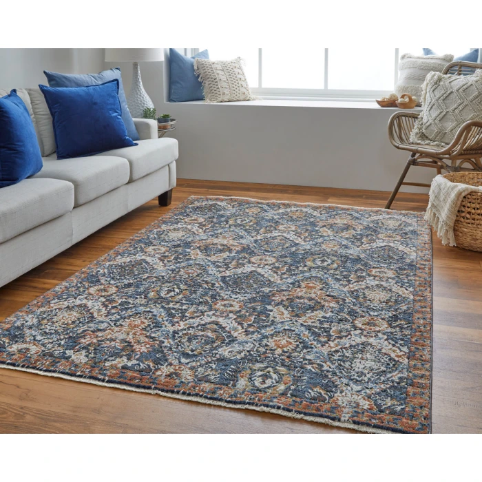 Feizy Kaia Casual Floral & Botanical, Blue/Orange/Ivory, 3' x 5' Accent Rug
