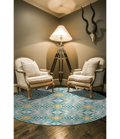 Feizy Keats Casual Abstract, Blue/Ivory/Yellow, 8'-9" x 8'-9" Round Rug