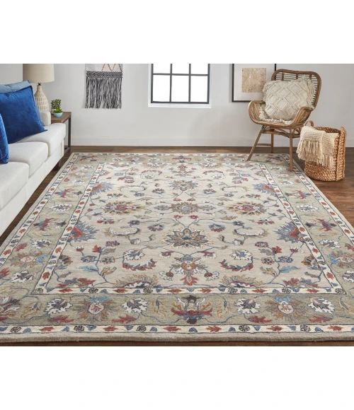 Feizy Rylan Tufted Persian Floral Rug, Stone Gray/Red/Blue, 9ft x 12ft Area Rug