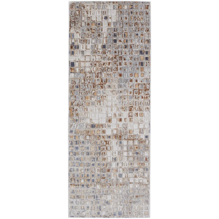 Feizy Laina Mid-Century Modern Geometric, Tan/Ivory/Blue, 3' x 10' Runner