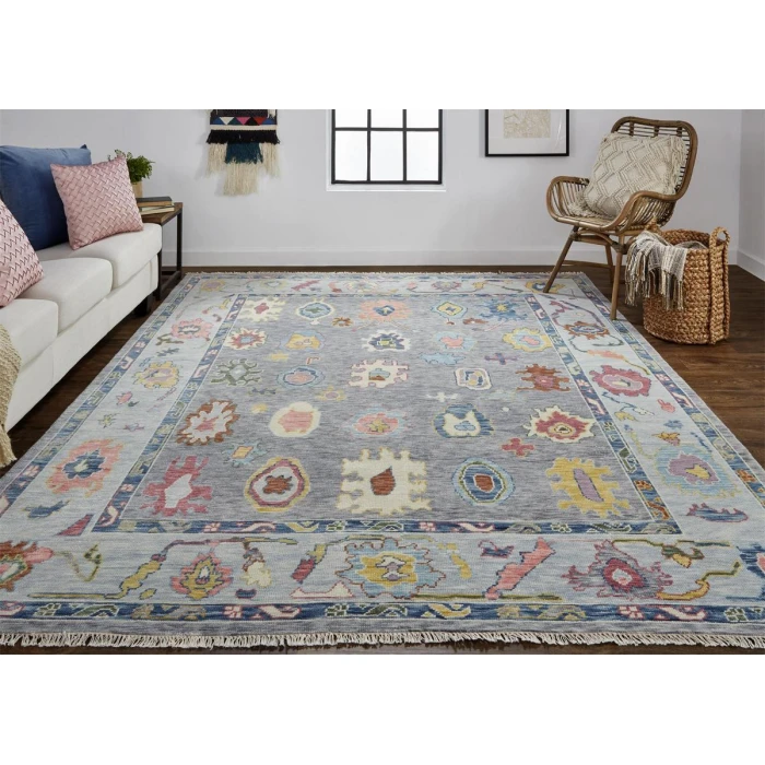 Feizy Karina Hand-Knotted Botanical Area Rug, Cool Gray/Blue, 9ft-6in x 13ft-6in