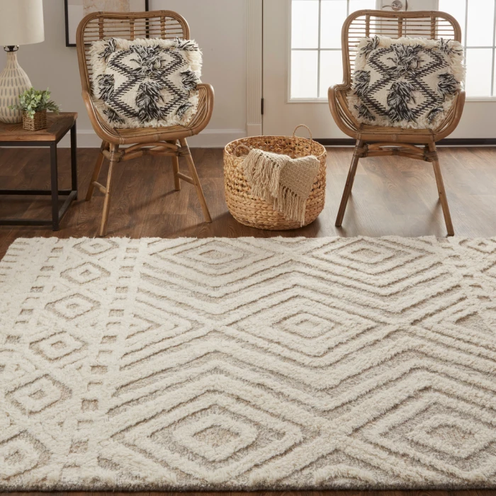 Feizy Anica Farmhouse Diamond, Ivory/Tan, 12' x 15' Area Rug