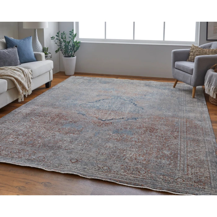 Feizy Marquette Bohemian & Eclectic Medallion, Blue/Red/Gray, 2'-8" x 12' Runner