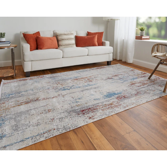 Feizy Cadiz Industrial Abstract, Gray/Red/Blue, 13' x 20' Area Rug
