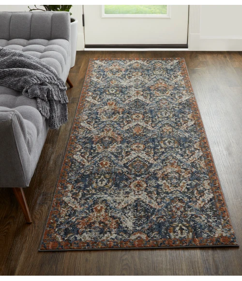 Feizy Kaia Casual Floral & Botanical, Blue/Orange/Ivory, 2'-6" x 10' Runner