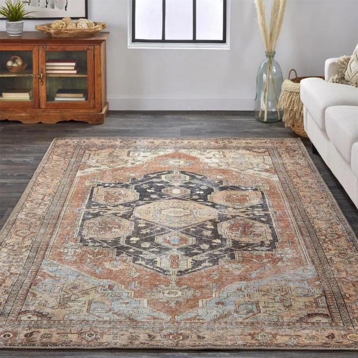 Feizy Percy Vintage Medallion Area Rug, Pink Clay/Charcoal Gray, 5ft-3in x 7ft-6in