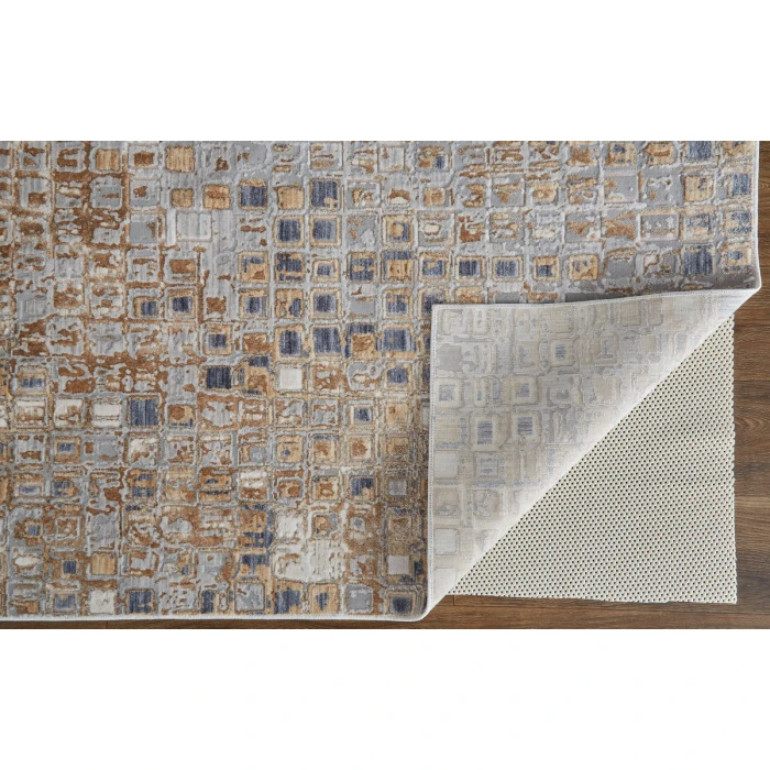 Feizy Laina Mid-Century Modern Geometric, Tan/Ivory/Blue, 3' x 10' Runner