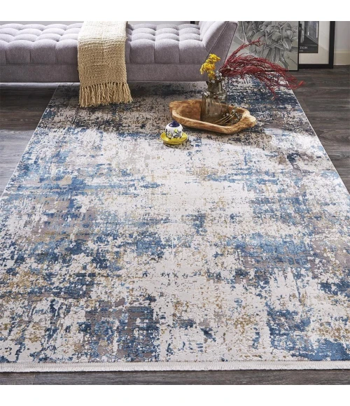 Feizy Cadiz Industrial Abstract, Ivory/Tan/Blue, 9'-9" x 13'-2" Area Rug