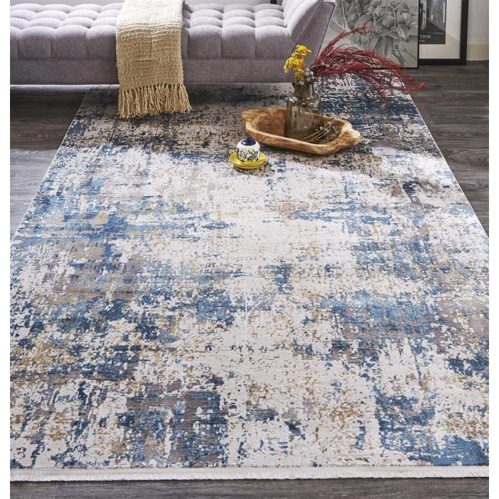 Feizy Cadiz Industrial Abstract, Ivory/Tan/Blue, 12' x 18' Area Rug